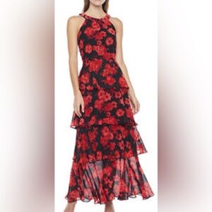 R&K Originals Sleeveless Black and Red Floral Tiered Dress Size 18 NWT